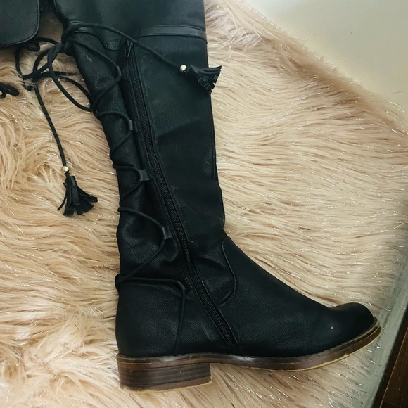 Size 7.5 XOXO brand style SHANE lace up tassel black riding boots - Picture 4 of 7